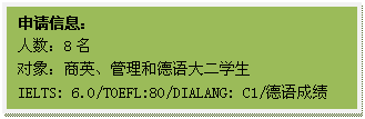 文本框: 申请信息：人数：8名对象：商英、管理和德语大二员工IELTS: 6.0/TOEFL:80/DIALANG: C1/德语成绩