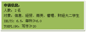 文本框: 申请信息：人数：2名对象：信息、经贸、商英、管理、财经大二员工IELTS: 6.5，单科≥6.0TOEFL:90，写作≥20